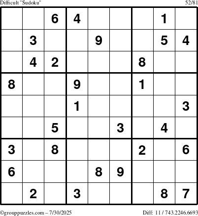 The grouppuzzles.com Difficult Sudoku puzzle for Wednesday July 30, 2025