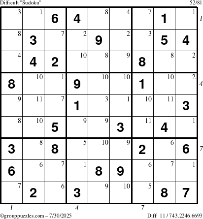 The grouppuzzles.com Difficult Sudoku puzzle for Wednesday July 30, 2025 with all 11 steps marked