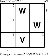 The grouppuzzles.com Easy TicTac-VWX puzzle for Wednesday July 30, 2025 with all 2 steps marked