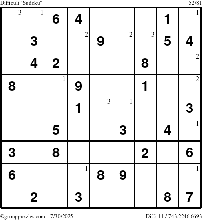 The grouppuzzles.com Difficult Sudoku puzzle for Wednesday July 30, 2025 with the first 3 steps marked