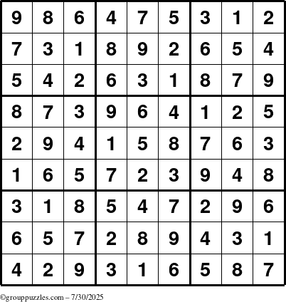 The grouppuzzles.com Answer grid for the Sudoku puzzle for Wednesday July 30, 2025