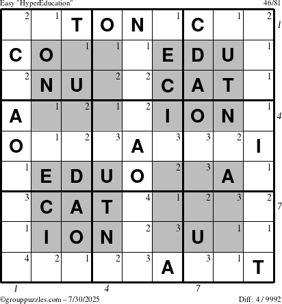 The grouppuzzles.com Easy HyperEducation-i23 puzzle for Wednesday July 30, 2025 with all 4 steps marked