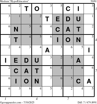 The grouppuzzles.com Medium HyperEducation-i23 puzzle for Wednesday July 30, 2025 with all 7 steps marked