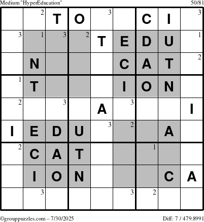 The grouppuzzles.com Medium HyperEducation-i23 puzzle for Wednesday July 30, 2025 with the first 3 steps marked