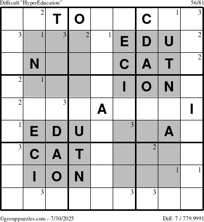 The grouppuzzles.com Difficult HyperEducation-i23 puzzle for Wednesday July 30, 2025 with the first 3 steps marked