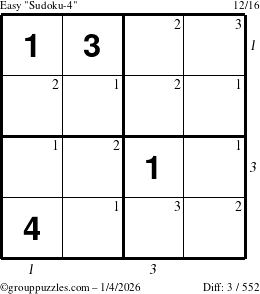 The grouppuzzles.com Easy Sudoku-4 puzzle for Sunday January 4, 2026, suitable for printing, with all 3 steps marked