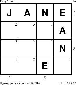 The grouppuzzles.com Easy Jane puzzle for Sunday January 4, 2026 with all 3 steps marked