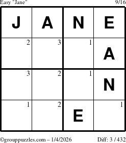 The grouppuzzles.com Easy Jane puzzle for Sunday January 4, 2026 with the first 3 steps marked