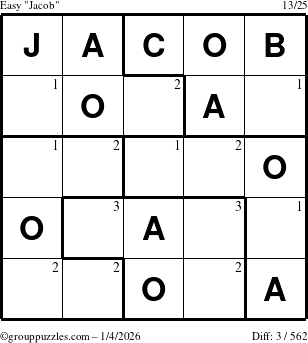 The grouppuzzles.com Easy Jacob puzzle for Sunday January 4, 2026 with the first 3 steps marked