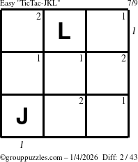 The grouppuzzles.com Easy TicTac-JKL puzzle for Sunday January 4, 2026, suitable for printing, with all 2 steps marked