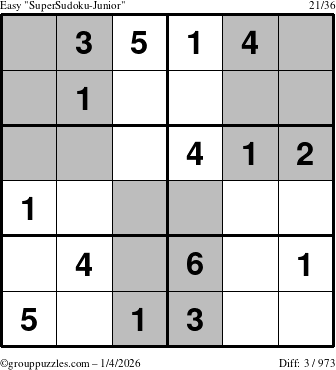 The grouppuzzles.com Easy SuperSudoku-Junior puzzle for Sunday January 4, 2026