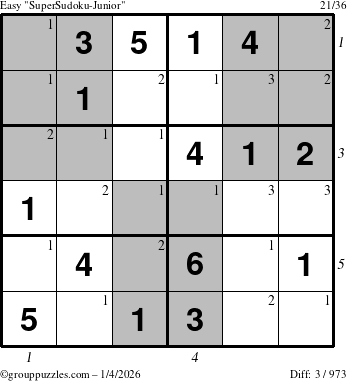 The grouppuzzles.com Easy SuperSudoku-Junior puzzle for Sunday January 4, 2026 with all 3 steps marked