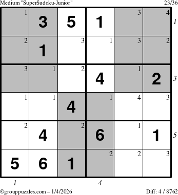 The grouppuzzles.com Medium SuperSudoku-Junior puzzle for Sunday January 4, 2026, suitable for printing, with all 4 steps marked