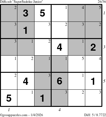 The grouppuzzles.com Difficult SuperSudoku-Junior puzzle for Sunday January 4, 2026 with all 5 steps marked