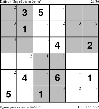 The grouppuzzles.com Difficult SuperSudoku-Junior puzzle for Sunday January 4, 2026 with the first 3 steps marked