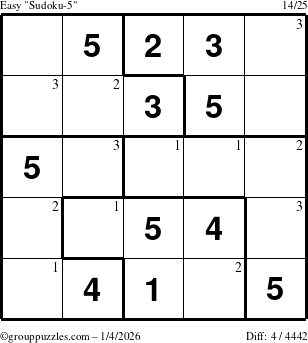 The grouppuzzles.com Easy Sudoku-5 puzzle for Sunday January 4, 2026 with the first 3 steps marked