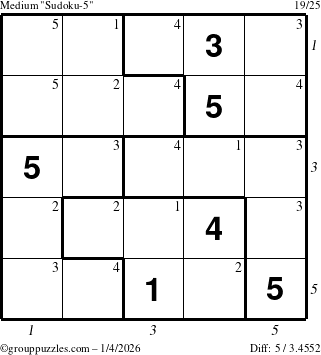 The grouppuzzles.com Medium Sudoku-5 puzzle for Sunday January 4, 2026 with all 5 steps marked