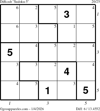 The grouppuzzles.com Difficult Sudoku-5 puzzle for Sunday January 4, 2026 with all 6 steps marked