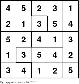 The grouppuzzles.com Answer grid for the Sudoku-5 puzzle for Sunday January 4, 2026