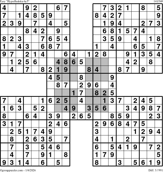 The grouppuzzles.com Easy HyperSudoku-by5 puzzle for Sunday January 4, 2026