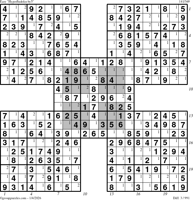 The grouppuzzles.com Easy HyperSudoku-by5 puzzle for Sunday January 4, 2026, suitable for printing, with all 3 steps marked