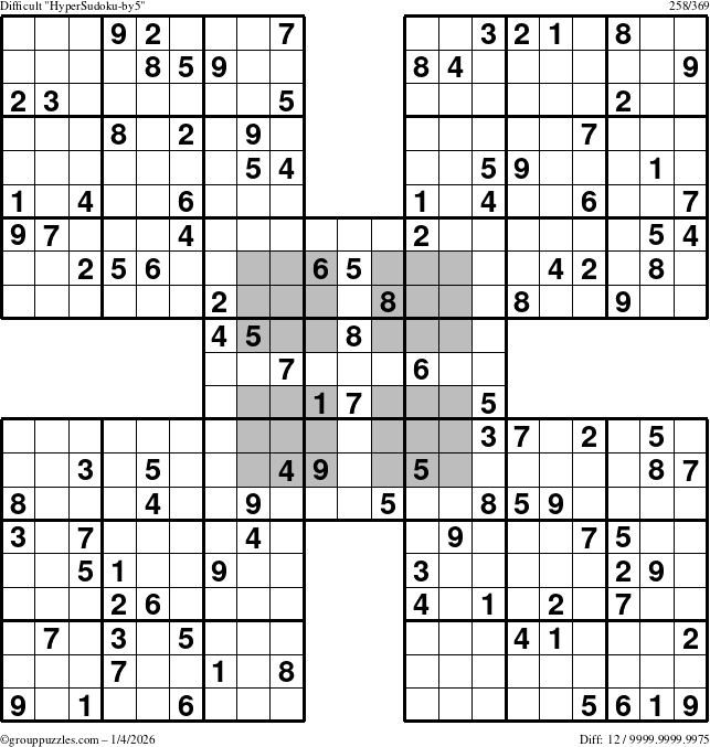 The grouppuzzles.com Difficult HyperSudoku-by5 puzzle for Sunday January 4, 2026