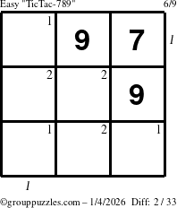 The grouppuzzles.com Easy TicTac-789 puzzle for Sunday January 4, 2026 with all 2 steps marked
