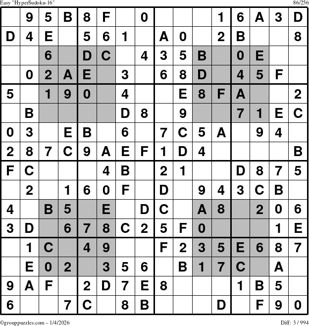 The grouppuzzles.com Easy HyperSudoku-16 puzzle for Sunday January 4, 2026
