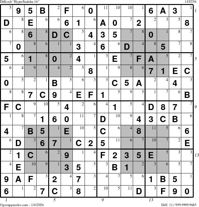 The grouppuzzles.com Difficult HyperSudoku-16 puzzle for Sunday January 4, 2026 with all 11 steps marked
