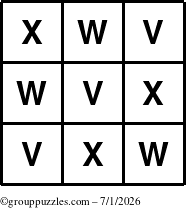 The grouppuzzles.com Answer grid for the TicTac-VWX puzzle for Wednesday July 1, 2026
