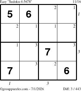 The grouppuzzles.com Easy Sudoku-4-5678 puzzle for Wednesday July 1, 2026 with all 3 steps marked