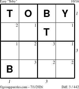 The grouppuzzles.com Easy Toby puzzle for Wednesday July 1, 2026, suitable for printing, with all 3 steps marked