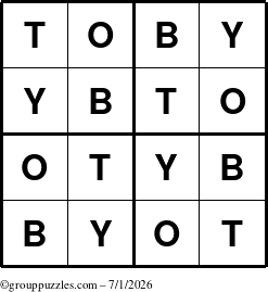 The grouppuzzles.com Answer grid for the Toby puzzle for Wednesday July 1, 2026