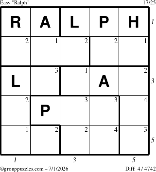 The grouppuzzles.com Easy Ralph puzzle for Wednesday July 1, 2026 with all 4 steps marked