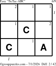 The grouppuzzles.com Easy TicTac-ABC puzzle for Wednesday July 1, 2026, suitable for printing, with all 2 steps marked