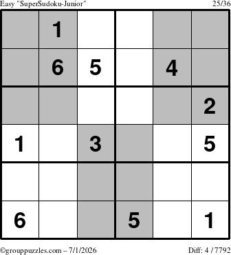 The grouppuzzles.com Easy SuperSudoku-Junior puzzle for Wednesday July 1, 2026