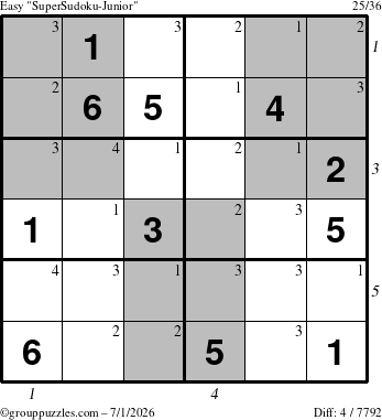 The grouppuzzles.com Easy SuperSudoku-Junior puzzle for Wednesday July 1, 2026 with all 4 steps marked