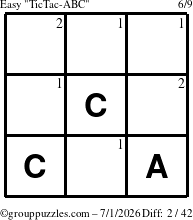 The grouppuzzles.com Easy TicTac-ABC puzzle for Wednesday July 1, 2026 with the first 2 steps marked