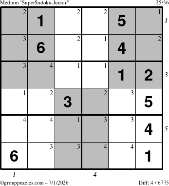 The grouppuzzles.com Medium SuperSudoku-Junior puzzle for Wednesday July 1, 2026, suitable for printing, with all 4 steps marked