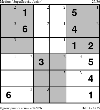 The grouppuzzles.com Medium SuperSudoku-Junior puzzle for Wednesday July 1, 2026 with the first 3 steps marked