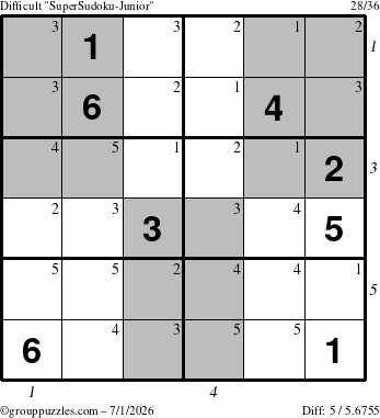 The grouppuzzles.com Difficult SuperSudoku-Junior puzzle for Wednesday July 1, 2026, suitable for printing, with all 5 steps marked