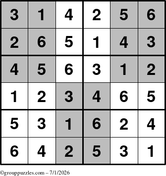 The grouppuzzles.com Answer grid for the SuperSudoku-Junior puzzle for Wednesday July 1, 2026