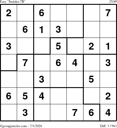 The grouppuzzles.com Easy Sudoku-7B puzzle for Wednesday July 1, 2026