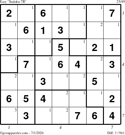 The grouppuzzles.com Easy Sudoku-7B puzzle for Wednesday July 1, 2026 with all 3 steps marked