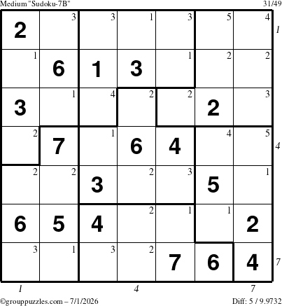 The grouppuzzles.com Medium Sudoku-7B puzzle for Wednesday July 1, 2026 with all 5 steps marked
