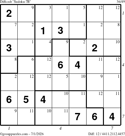 The grouppuzzles.com Difficult Sudoku-7B puzzle for Wednesday July 1, 2026, suitable for printing, with all 12 steps marked