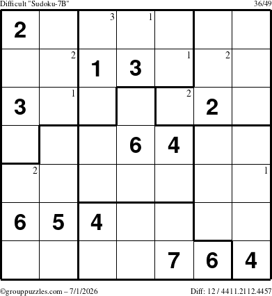 The grouppuzzles.com Difficult Sudoku-7B puzzle for Wednesday July 1, 2026 with the first 3 steps marked
