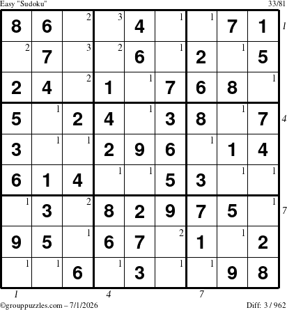 The grouppuzzles.com Easy Sudoku puzzle for Wednesday July 1, 2026 with all 3 steps marked