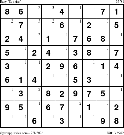 The grouppuzzles.com Easy Sudoku puzzle for Wednesday July 1, 2026 with the first 3 steps marked