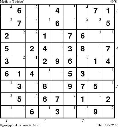 The grouppuzzles.com Medium Sudoku puzzle for Wednesday July 1, 2026, suitable for printing, with all 5 steps marked